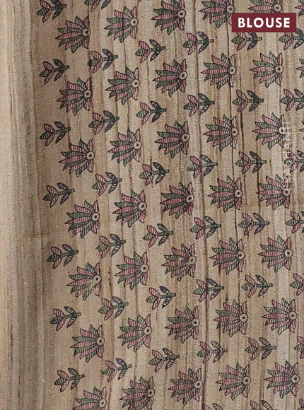 Pure dupion silk saree wine shade and beige with plain body and madhubani printed pallu