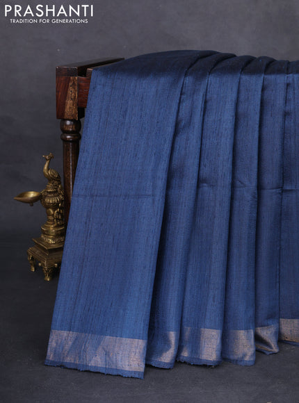 Pure dupion silk saree peacock blue and beige with plain body and madhubani printed pallu