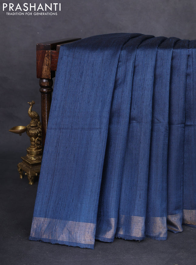 Pure dupion silk saree peacock blue and beige with plain body and madhubani printed pallu