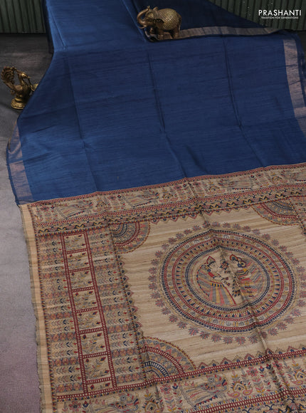Pure dupion silk saree peacock blue and beige with plain body and madhubani printed pallu