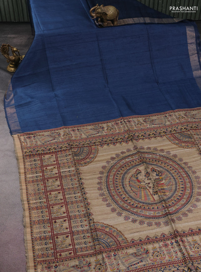 Pure dupion silk saree peacock blue and beige with plain body and madhubani printed pallu
