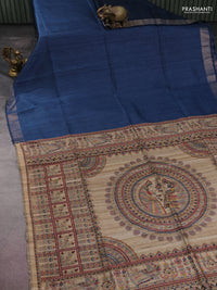 Pure dupion silk saree peacock blue and beige with plain body and madhubani printed pallu