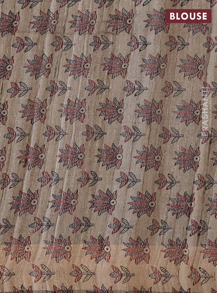 Pure dupion silk saree peacock blue and beige with plain body and madhubani printed pallu