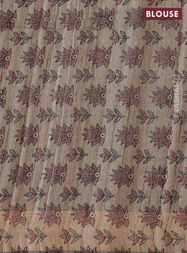 Pure dupion silk saree peacock blue and beige with plain body and madhubani printed pallu