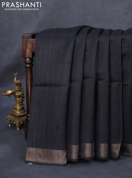 Pure dupion silk saree black and beige with plain body and madhubani printed pallu