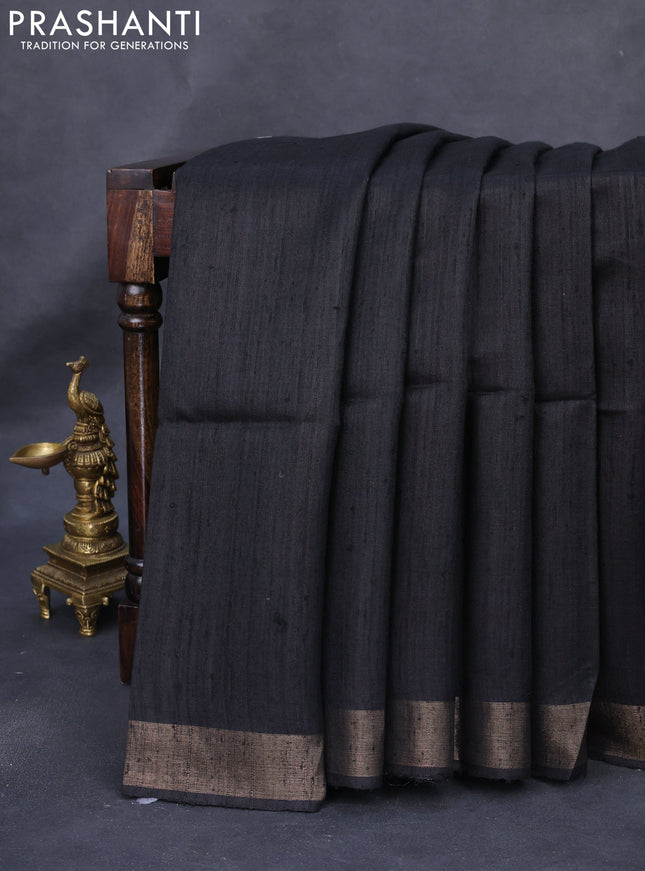 Pure dupion silk saree black and beige with plain body and madhubani printed pallu