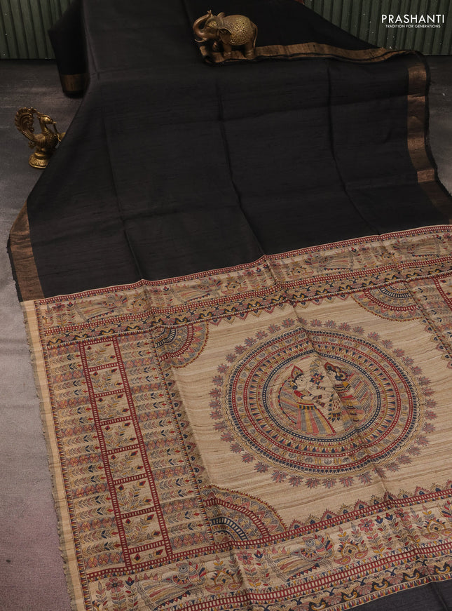 Pure dupion silk saree black and beige with plain body and madhubani printed pallu
