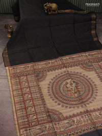 Pure dupion silk saree black and beige with plain body and madhubani printed pallu