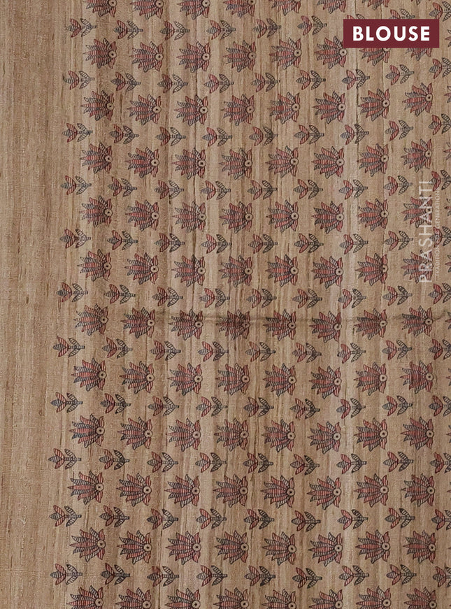 Pure dupion silk saree black and beige with plain body and madhubani printed pallu