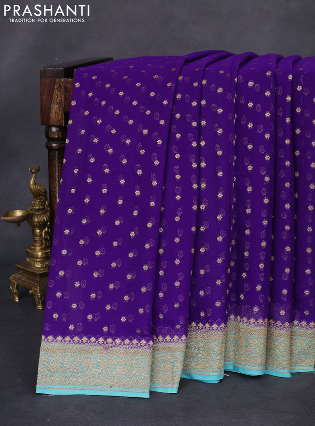 Banarasi georgette saree violet and teal blue with allover thread & zari woven buttas and woven border