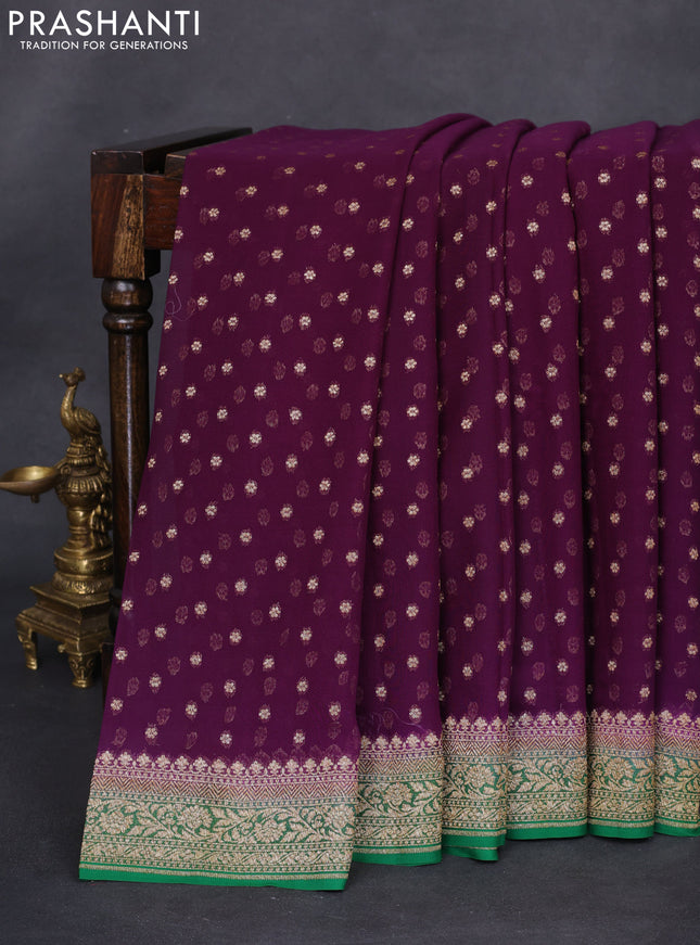 Banarasi georgette saree wine shade and green with allover thread & zari woven buttas and woven border