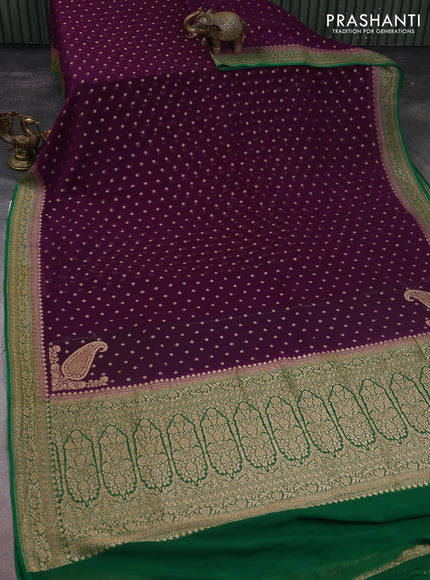 Banarasi georgette saree wine shade and green with allover thread & zari woven buttas and woven border