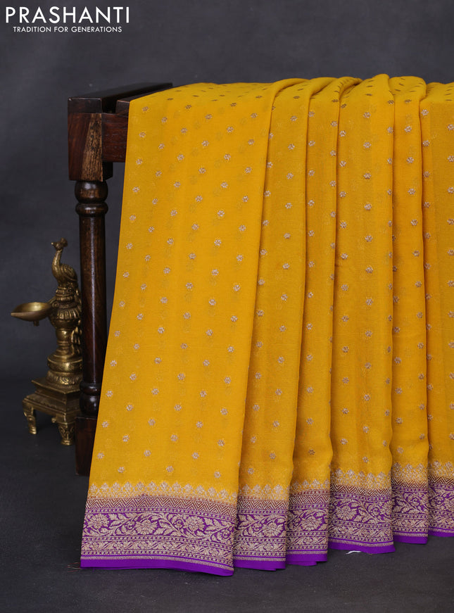 Banarasi georgette saree yellow and purple with allover thread & zari woven buttas and woven border