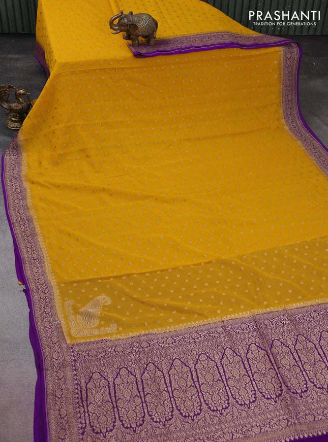 Banarasi georgette saree yellow and purple with allover thread & zari woven buttas and woven border