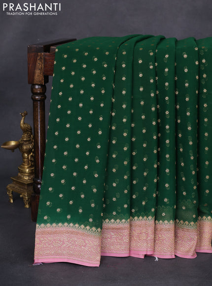 Banarasi georgette saree dark green and pastel pink with allover thread & zari woven buttas and woven border