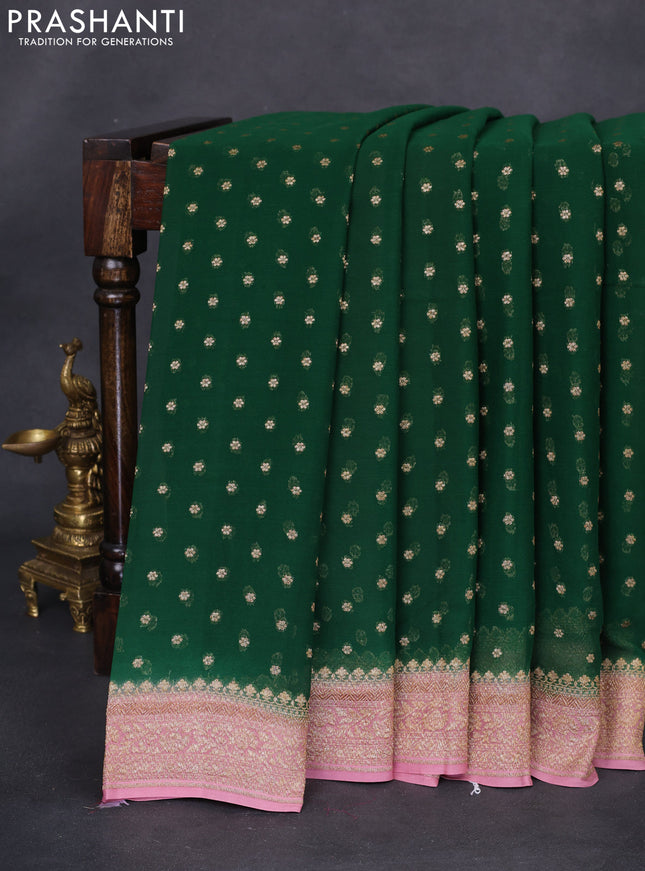 Banarasi georgette saree dark green and pastel pink with allover thread & zari woven buttas and woven border