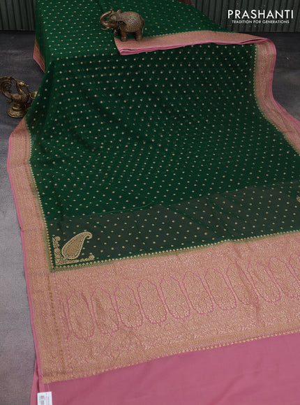 Banarasi georgette saree dark green and pastel pink with allover thread & zari woven buttas and woven border