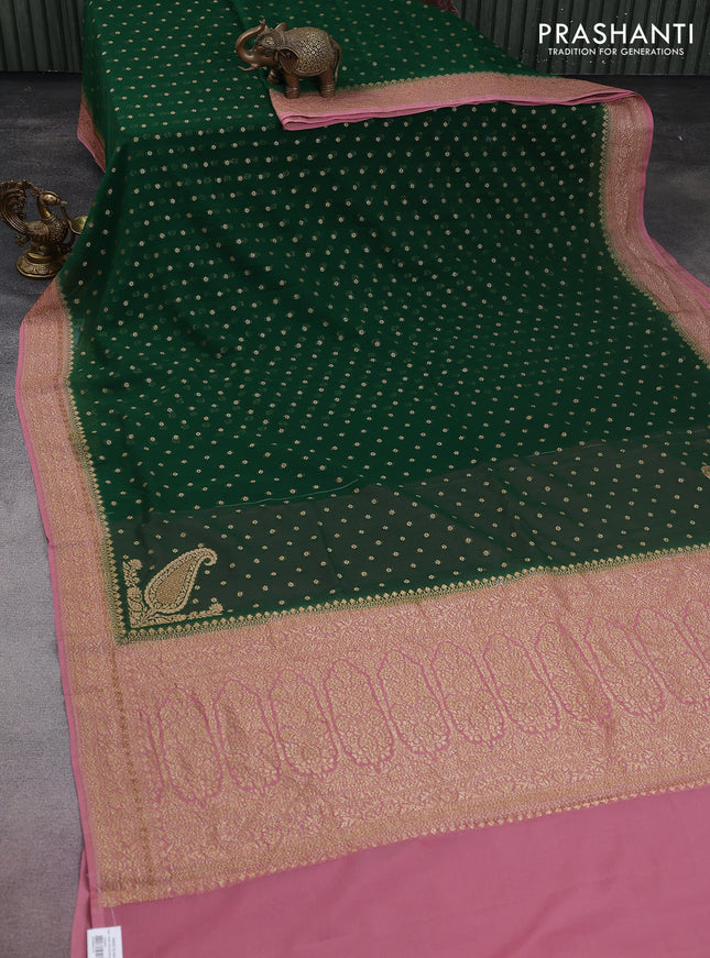 Banarasi georgette saree dark green and pastel pink with allover thread & zari woven buttas and woven border