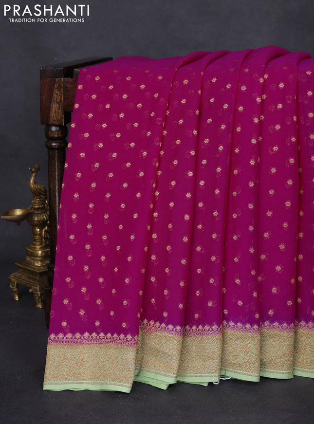 Banarasi georgette saree magenta pink and pista green with allover thread & zari woven buttas and woven border