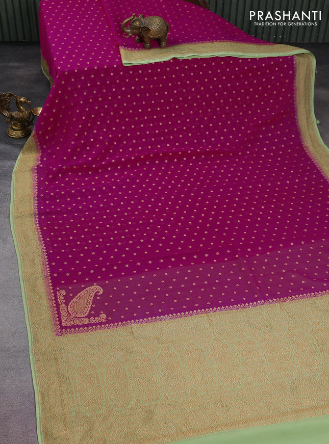 Banarasi georgette saree magenta pink and pista green with allover thread & zari woven buttas and woven border