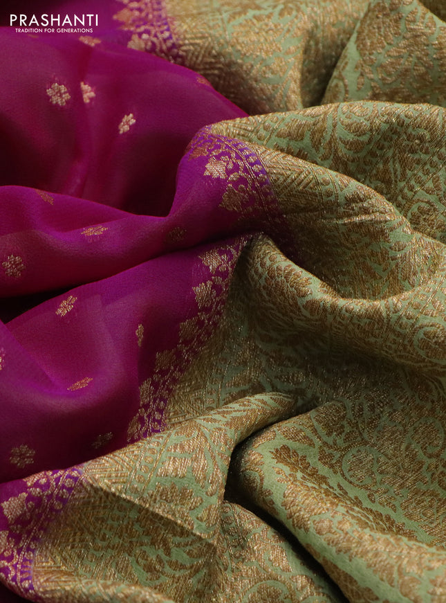 Banarasi georgette saree magenta pink and pista green with allover thread & zari woven buttas and woven border