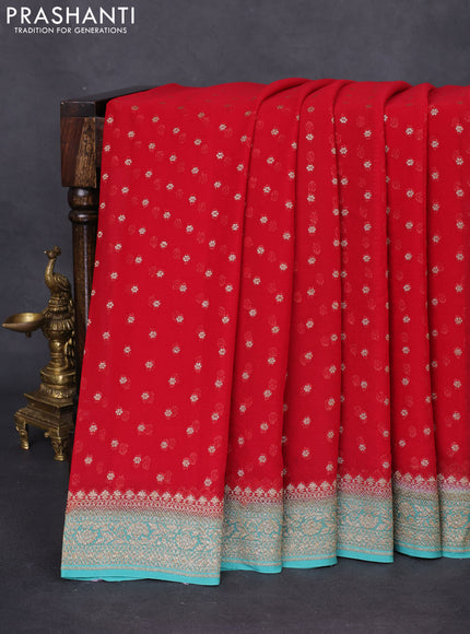 Banarasi georgette saree red and pastel green with allover thread & zari woven buttas and woven border