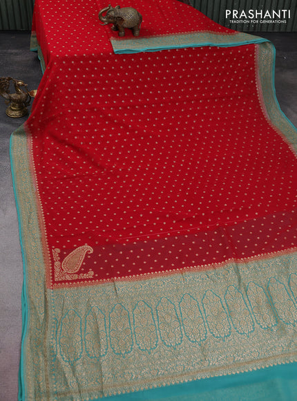 Banarasi georgette saree red and pastel green with allover thread & zari woven buttas and woven border
