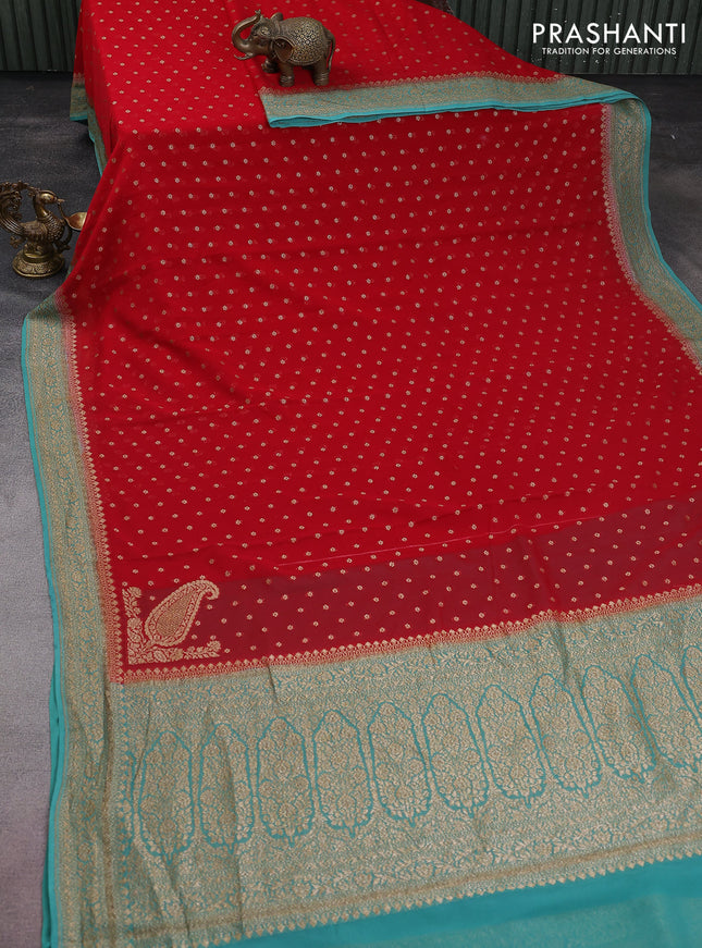 Banarasi georgette saree red and pastel green with allover thread & zari woven buttas and woven border