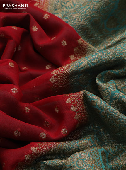 Banarasi georgette saree red and pastel green with allover thread & zari woven buttas and woven border