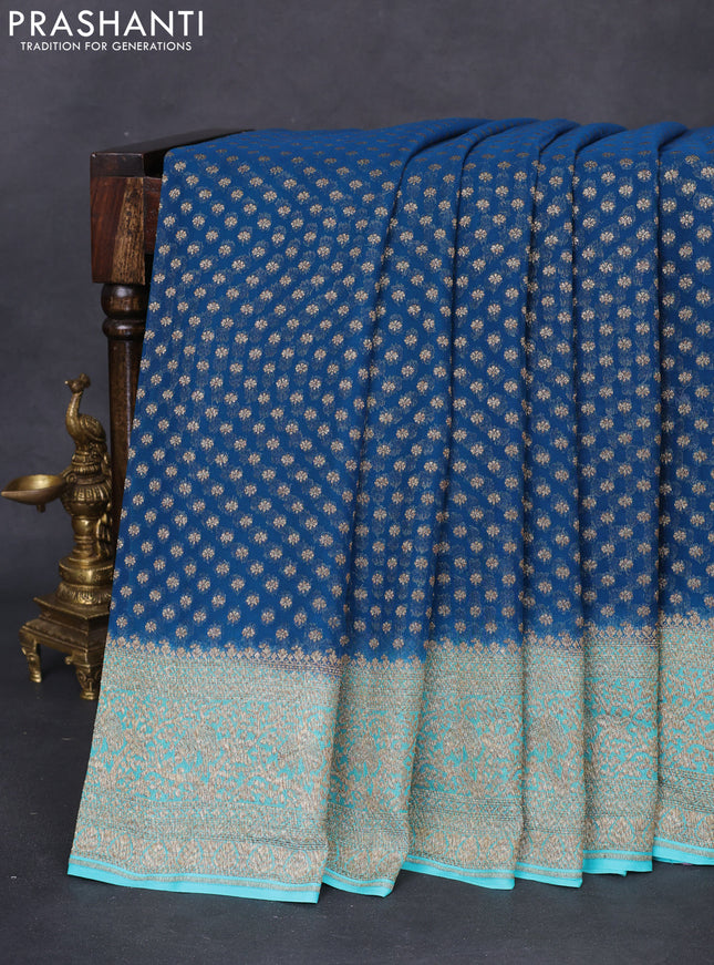 Banarasi georgette saree peacock blue and teal blue with allover thread & zari woven butta weaves and woven border