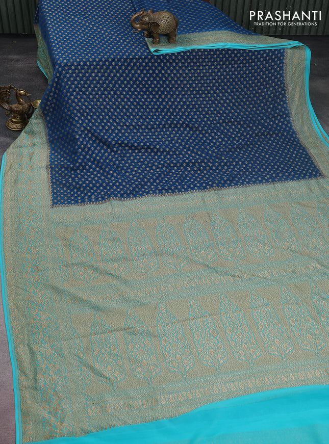 Banarasi georgette saree peacock blue and teal blue with allover thread & zari woven butta weaves and woven border