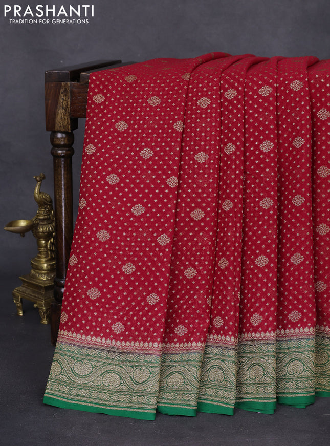 Banarasi georgette saree red and green with allover thread & zari woven butta weaves and woven border