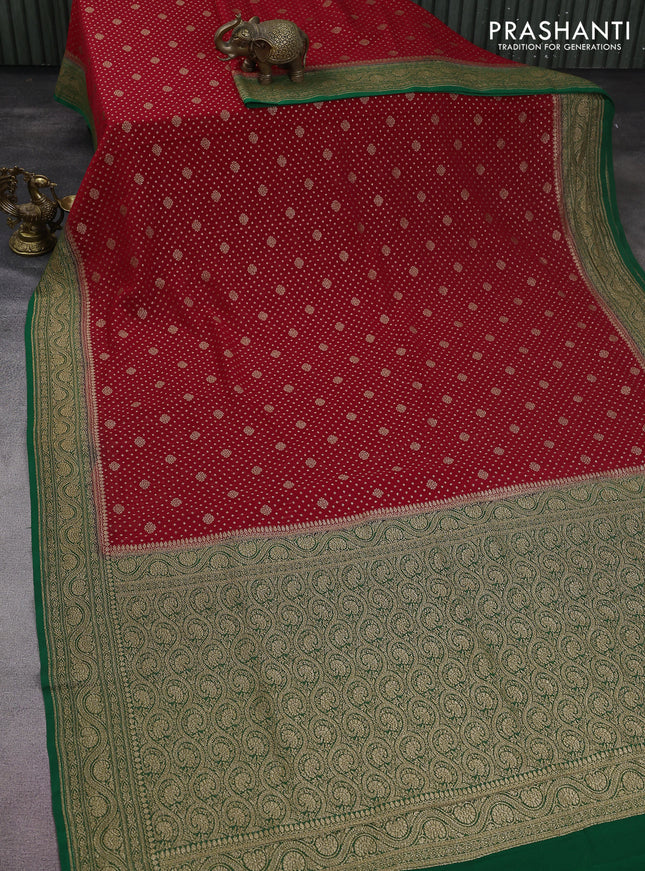 Banarasi georgette saree red and green with allover thread & zari woven butta weaves and woven border