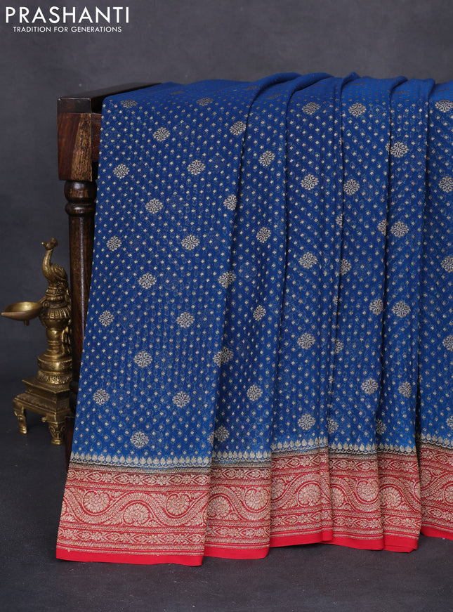 Banarasi georgette saree peacock blue and red with allover thread & zari woven butta weaves and woven border