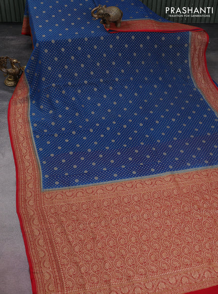 Banarasi georgette saree peacock blue and red with allover thread & zari woven butta weaves and woven border