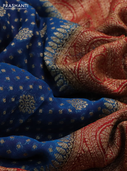 Banarasi georgette saree peacock blue and red with allover thread & zari woven butta weaves and woven border
