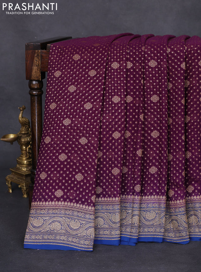 Banarasi georgette saree purple and blue with allover thread & zari woven butta weaves and woven border