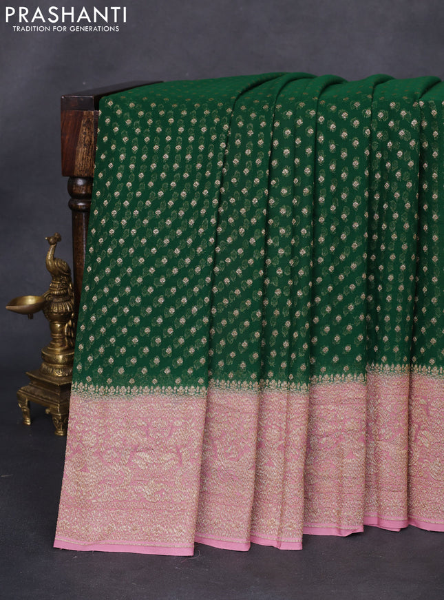 Banarasi georgette saree green and pastel pink with allover thread & zari woven butta weaves and woven border