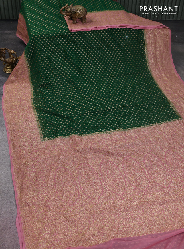 Banarasi georgette saree green and pastel pink with allover thread & zari woven butta weaves and woven border