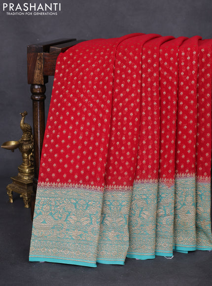 Banarasi georgette saree red and teal blue with allover thread & zari woven butta weaves and woven border