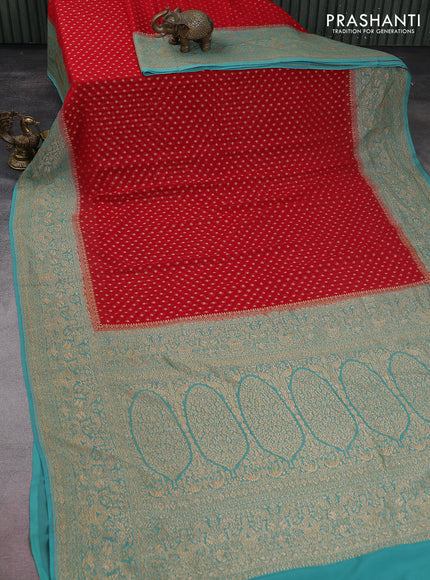Banarasi georgette saree red and teal blue with allover thread & zari woven butta weaves and woven border