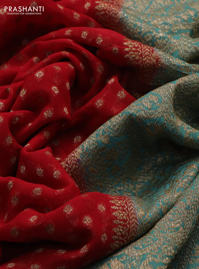 Banarasi georgette saree red and teal blue with allover thread & zari woven butta weaves and woven border