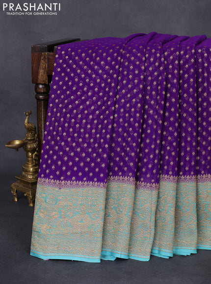 Banarasi georgette saree violet and teal blue with allover thread & zari woven butta weaves and woven border