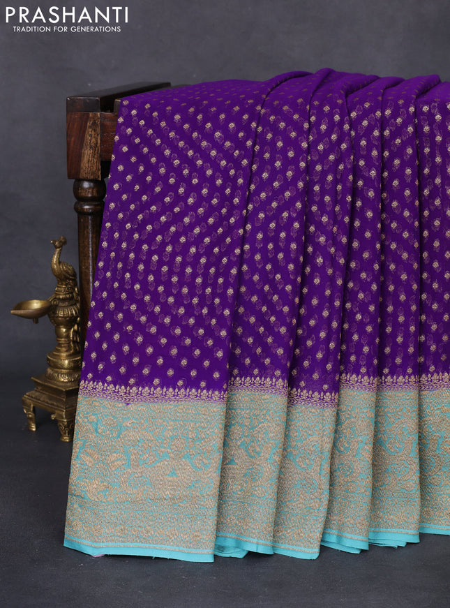 Banarasi georgette saree violet and teal blue with allover thread & zari woven butta weaves and woven border