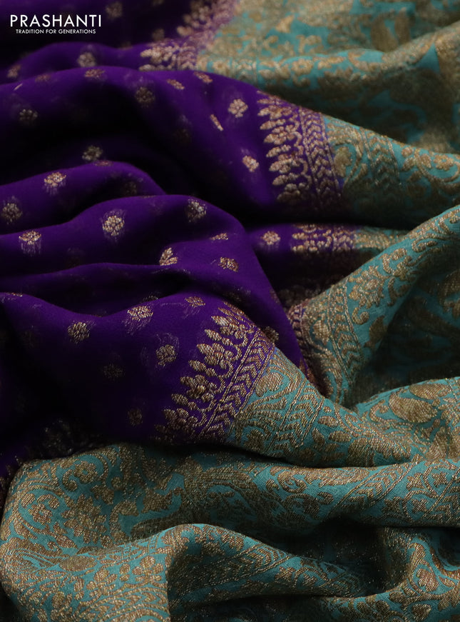 Banarasi georgette saree violet and teal blue with allover thread & zari woven butta weaves and woven border