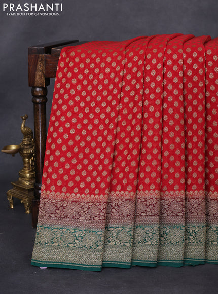 Banarasi georgette saree red and coffee brown green with allover thread & zari woven butta weaves and woven border