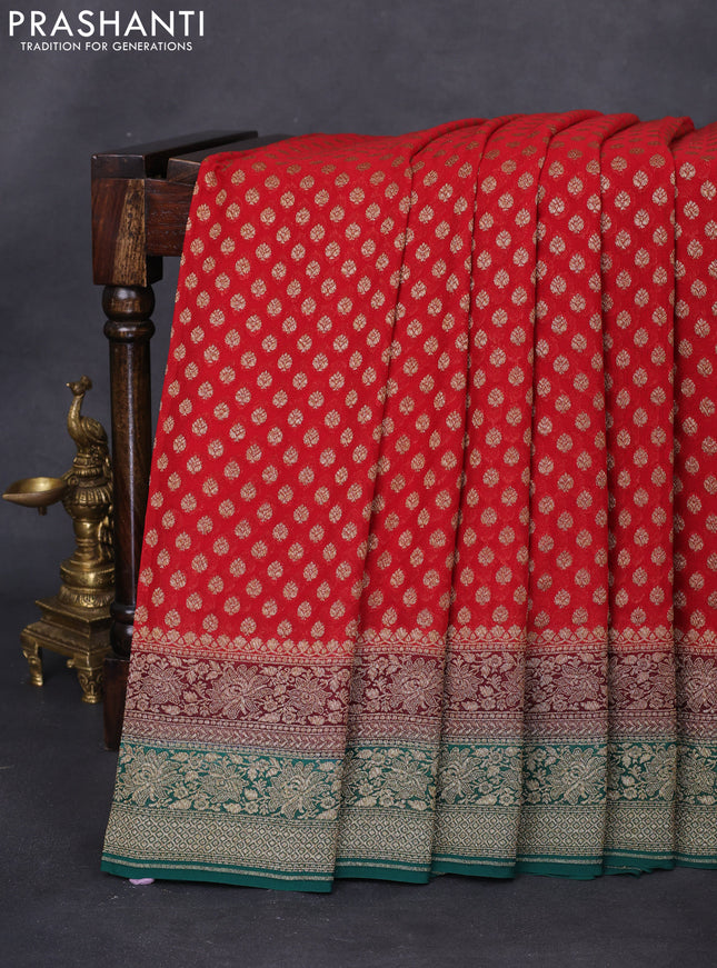 Banarasi georgette saree red and coffee brown green with allover thread & zari woven butta weaves and woven border
