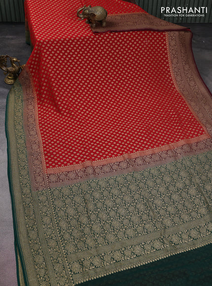 Banarasi georgette saree red and coffee brown green with allover thread & zari woven butta weaves and woven border