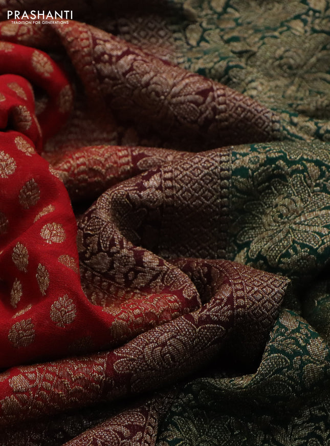 Banarasi georgette saree red and coffee brown green with allover thread & zari woven butta weaves and woven border