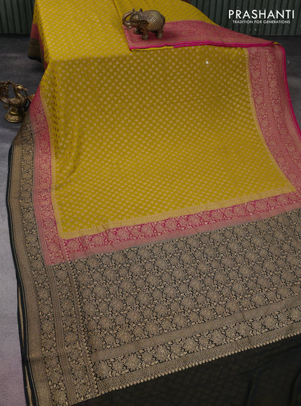 Banarasi georgette saree mustard yellow and pink black with allover thread & zari woven butta weaves and woven border